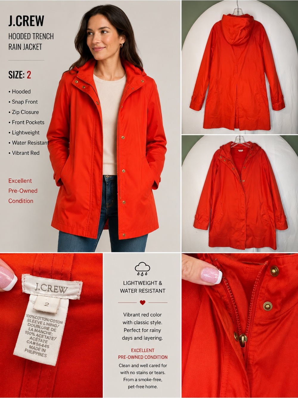 J. Crew Hooded Trench Rain Jacket in Vibrant Red